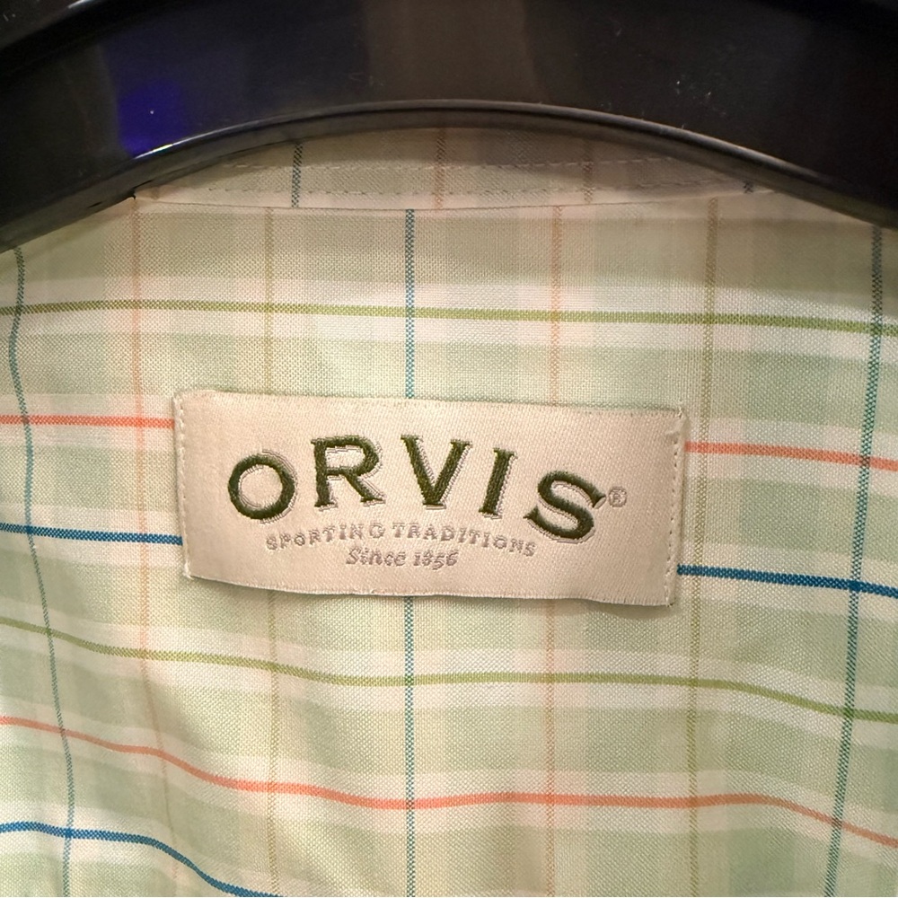 Orvis Light Green Plaid Short-Sleeve Button-Down Shirt with Blue & orangeStripes - Picture 3 of 6